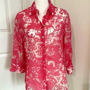 Chicos Sheer Red-Coral Floral Button-Down Blouse, Size 1